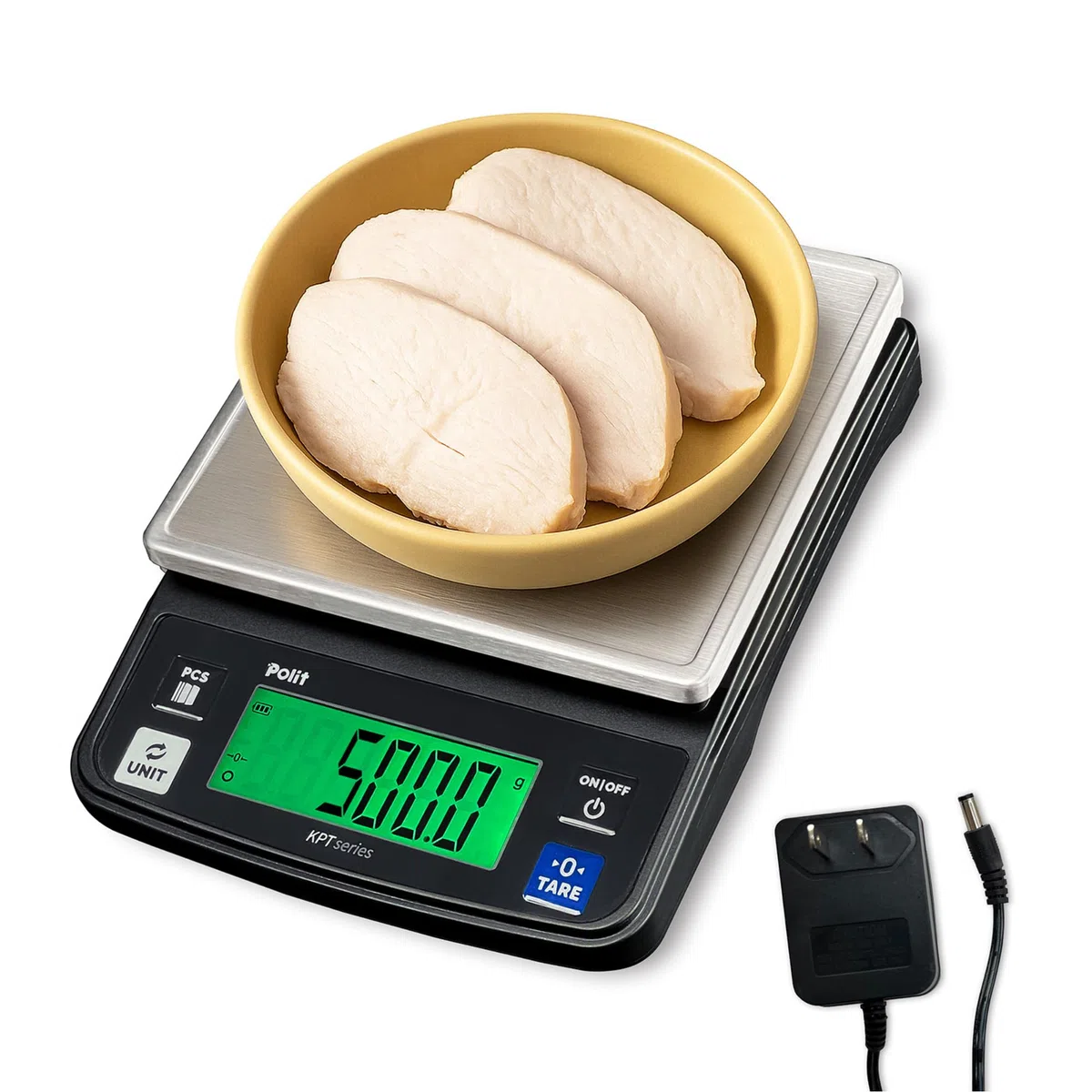 Polit Báscula digital de cocina KPT EVO, 13 lb/6 kg, peso gramos, 0,5 g, precisión, acero inoxidable con pantalla LCD, recargable, función de tara, 4 unidades para hornear y cocinar