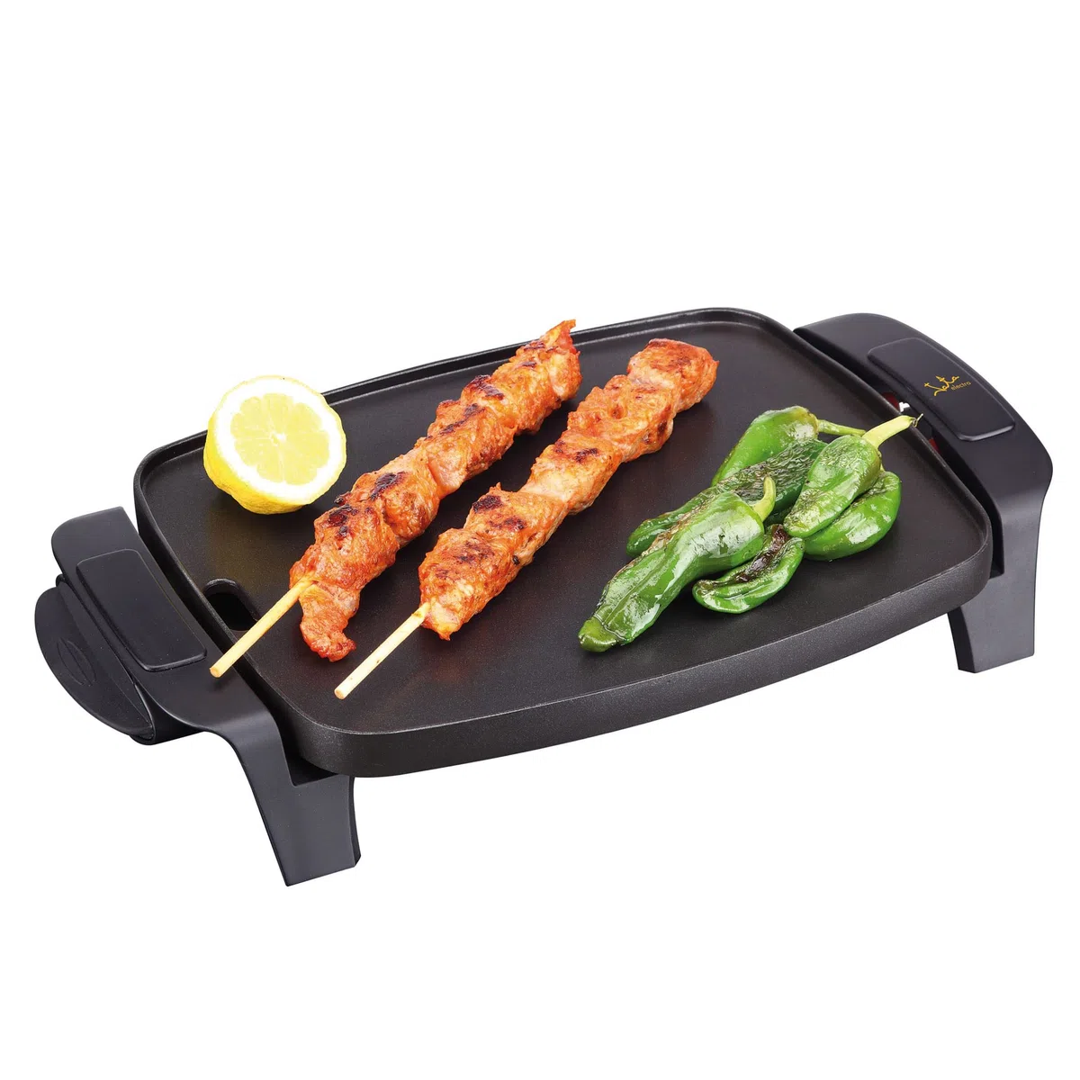 JATA GR205 - Plancha de Asar Eléctrica 1000W, Grill Antiadherente Durastone Libre PFOA, Termostato Regulable, Superficie: 28 x 22 cm, Bandeja Salsera