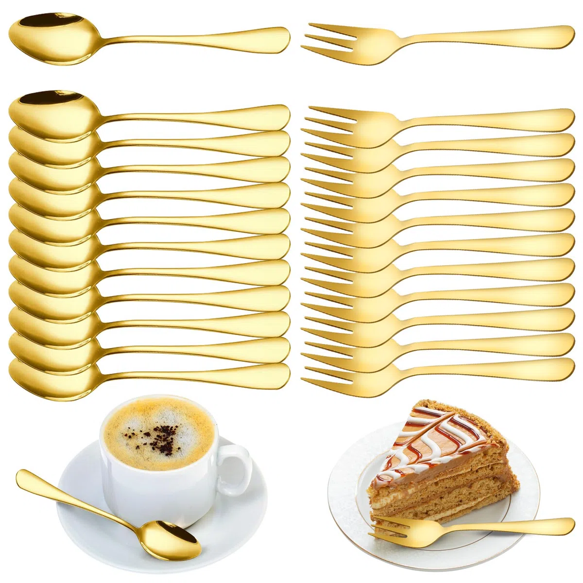 Gohytal Set de 24 Cucharillas y Tenedores de Postre en Acero Inoxidable Dorado – Perfecto para Boda, Cumpleaños, Navidad, Apto Lavavajillas