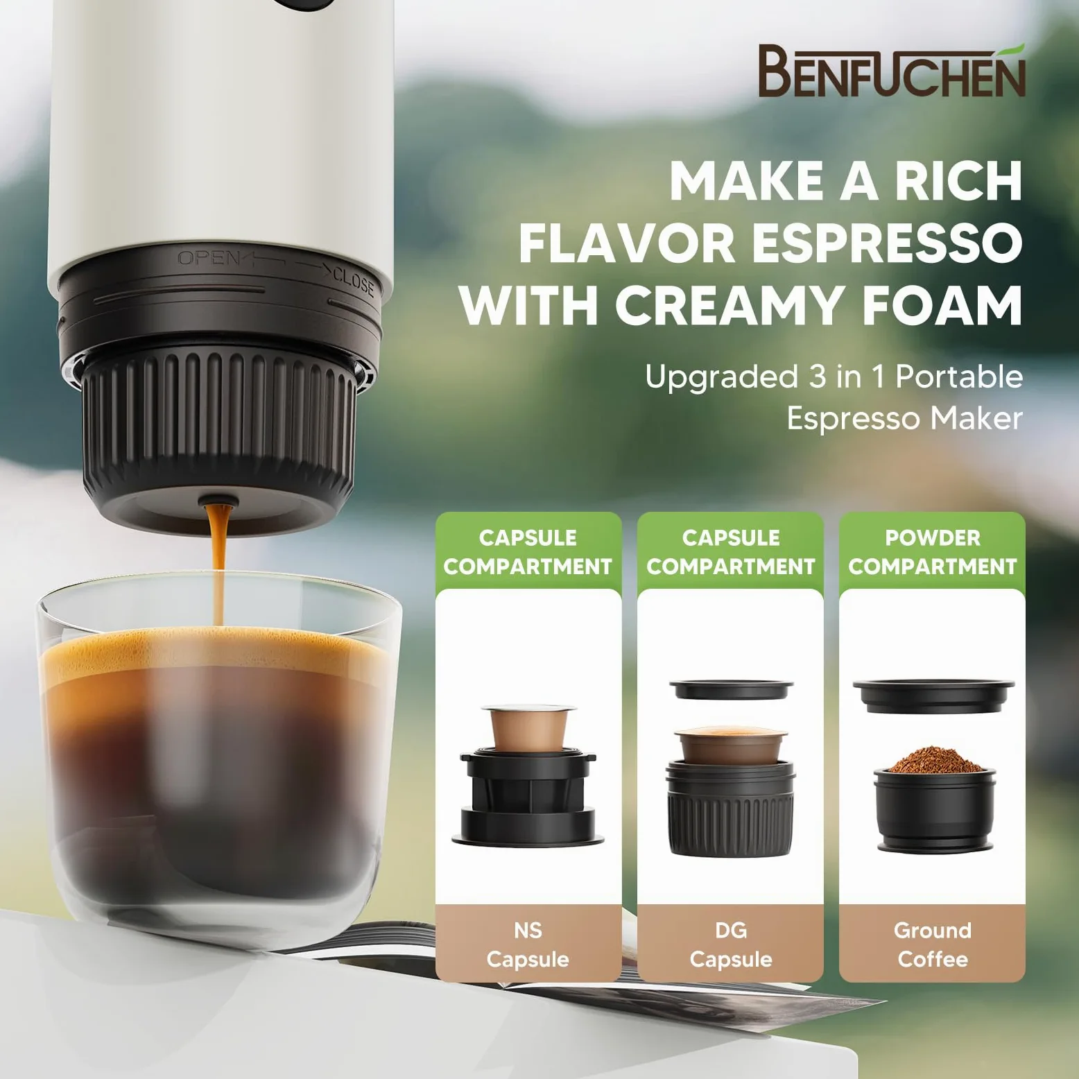 Cafetera portátil 3 en 1 de 19 bares con calefacción automática, compatible con cápsulas NS y DG y café molido para camping, senderismo, viajes y hogar (blanco)