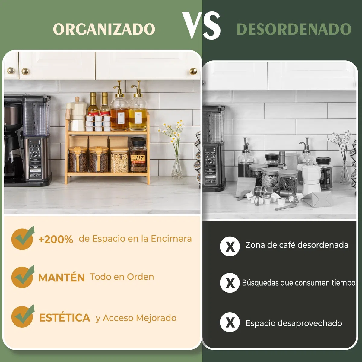 ANBOXIT Organizador Tazas De Bambú, Organizador Especias De 2 Niveles, Estanteria Cocina Para Coffee Corner, Para Encimera De Cocina, Rincon Del Café Y Té