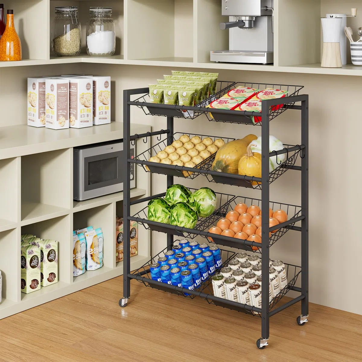 IBUYKE Grande Carrito Cocina Verdulero Frutero,Carro Auxiliar de Metal con 8 Cestas,Carrito Organizador con Ruedas para Vegetales Cebollas Patatas, Negro TLJ025B