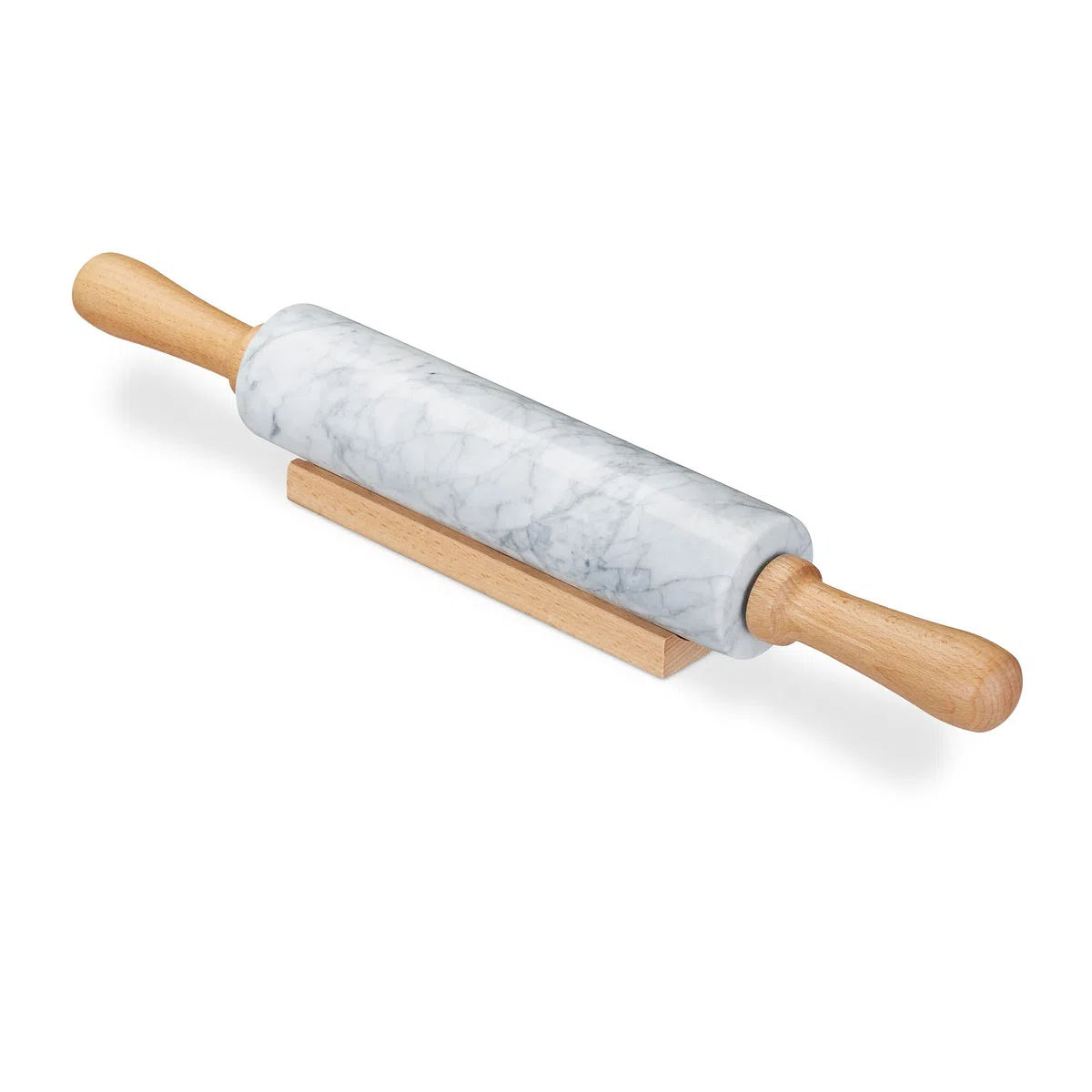 Relaxdays Rodillo Cocina Mármol, Asas de Madera de Haya, Palo Amasar, Rulo Amasador Pesado, Soporte, 48 cm, Blanco