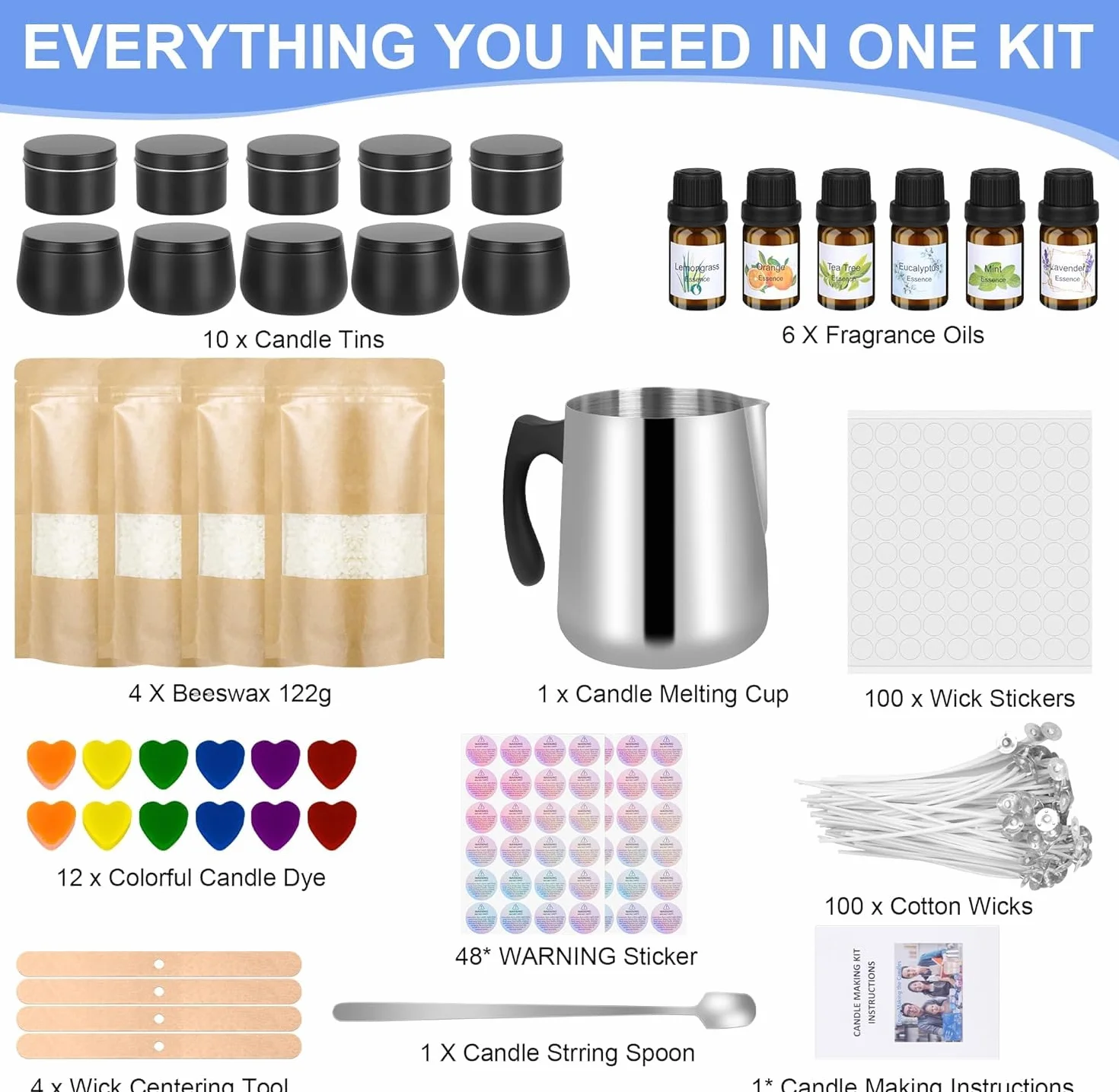 LDUMODUW Kits para Fabricación de Velas,DIY Juego Regalo para Velas,480g de cera de abeja,9 latas para velas,6 aceites esenciales,8 bloques de color,Herramientas para fundir cera (black)