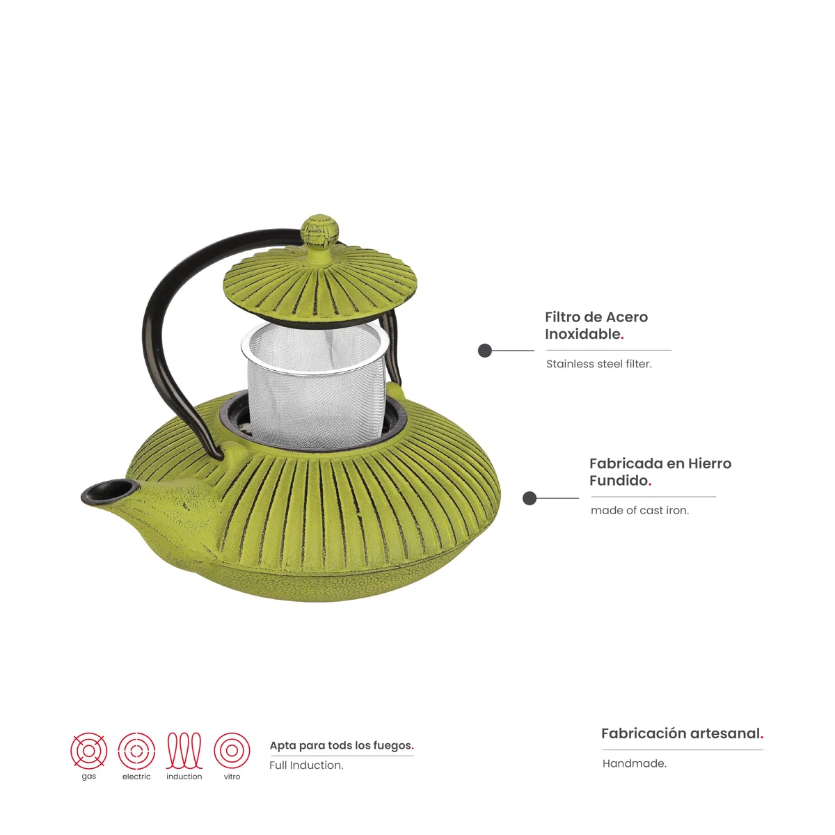 IBILI - Tetera hierro fundido Verde, 0.78 litros, Interior esmaltado, Apto para inducción