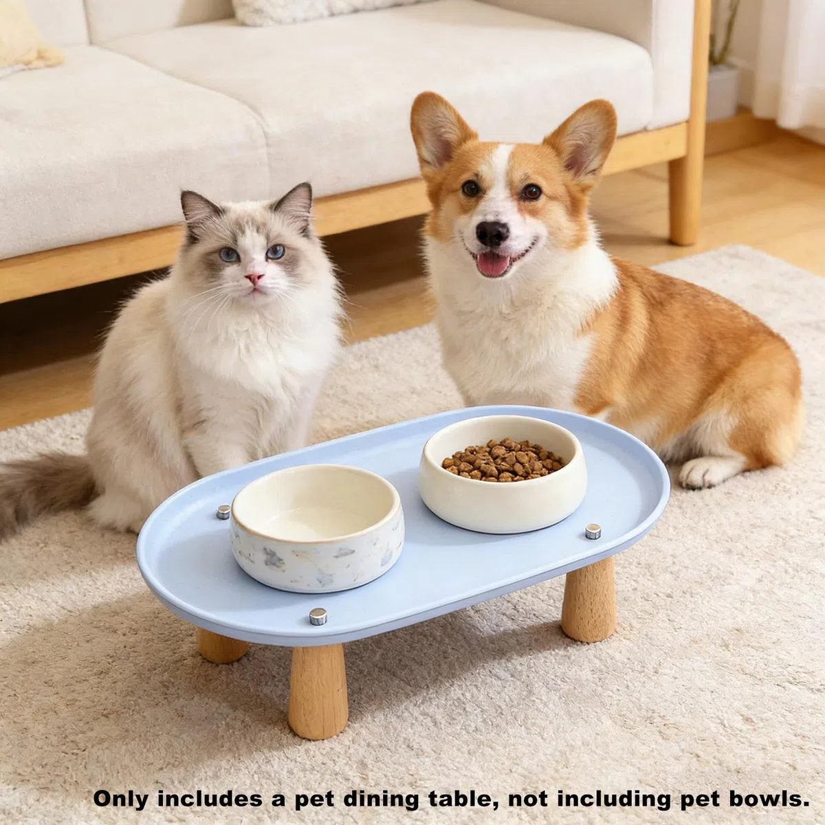 Soporte Elevado para Gatos Comedero Recipiente de Comida Y Agua Soporte Antideslizante Fabricado en Madera Y PP para Alimentación Saludable Adecuado P, Azul 38cmx21cm, Individual