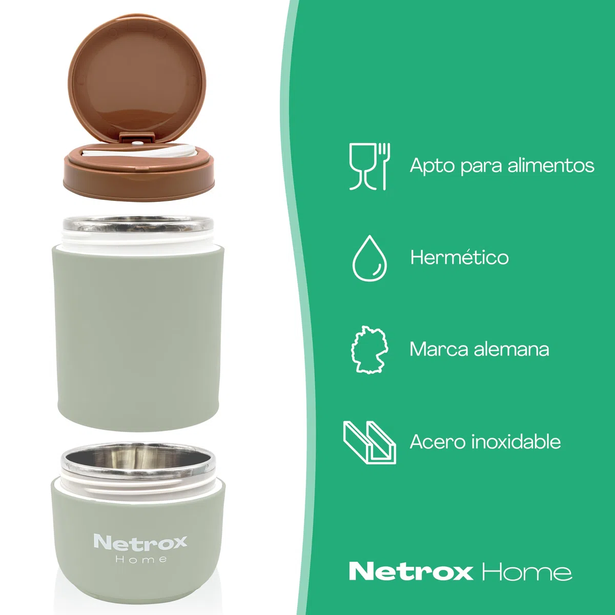 NetroxHome - Taza Cereales con Cuchara para Llevar, Taza de Yogur de Acero Inoxidable a Prueba de Fugas, Fiambrera - para Yogur Comida - verde