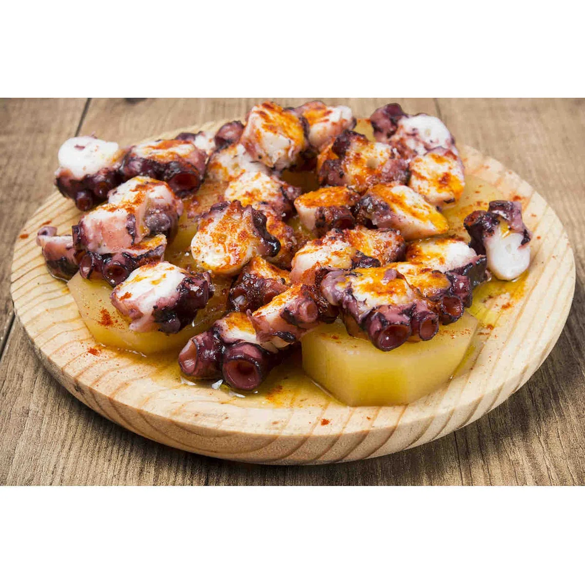 Tradineur – Pack de 6 platos de madera especial para pulpo, de 21,8 cm de diámetro y 1,9 cm de alto, vajilla madera, vajilla para comida, tabla pulpo, pizza, fuente para alimentación (6, 22 cm)