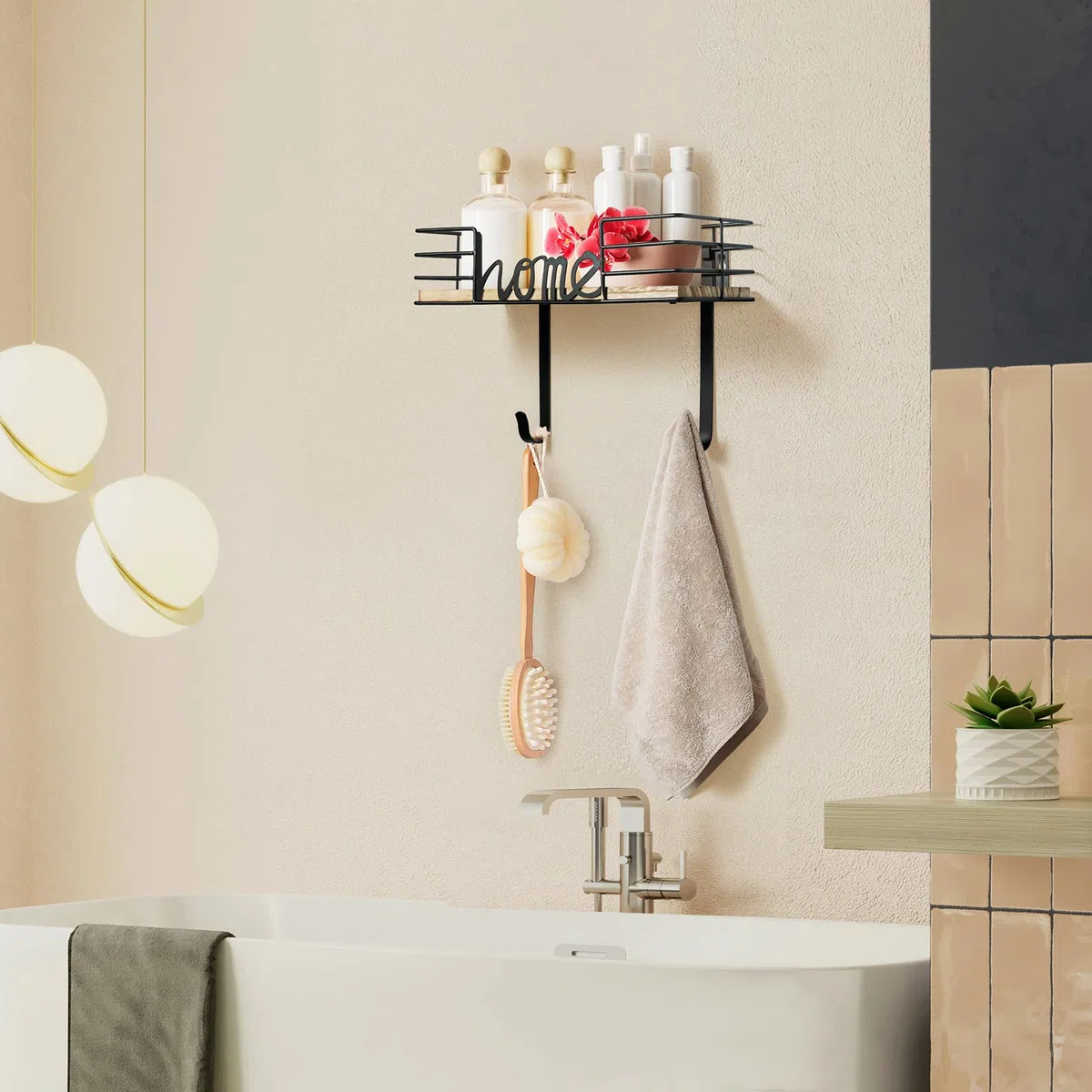 TJ.MOREE Soporte de pared para tabla de planchar, soporte para plancha y tabla de planchar con gran cesta de almacenamiento de madera y ganchos extraíbles (negro)