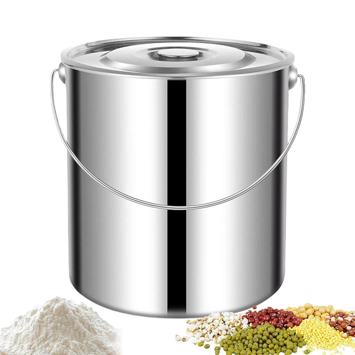 Cubo de acero inoxidable con tapa 6/12/20L Cubo con tapa y asa de transporte Cubo de metal robusto Cubo de agua de acero inoxidable para sopa, leche, harina, cereales, accesorios de cocina