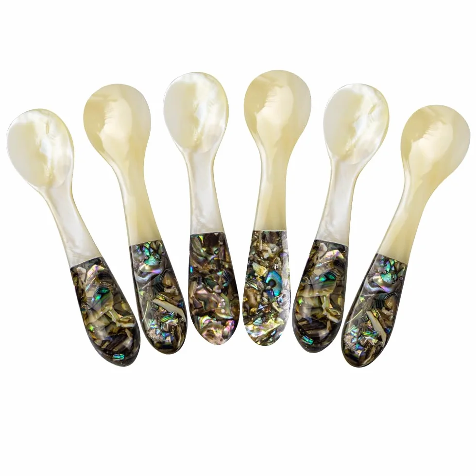 DUEBEL Juego de 6 cucharas de caviar con mango de abulón, cucharas de nácar de 4 pulgadas para servir caviar, servir huevos, vajilla para eventos de catering, decoración de mesa de restaurante