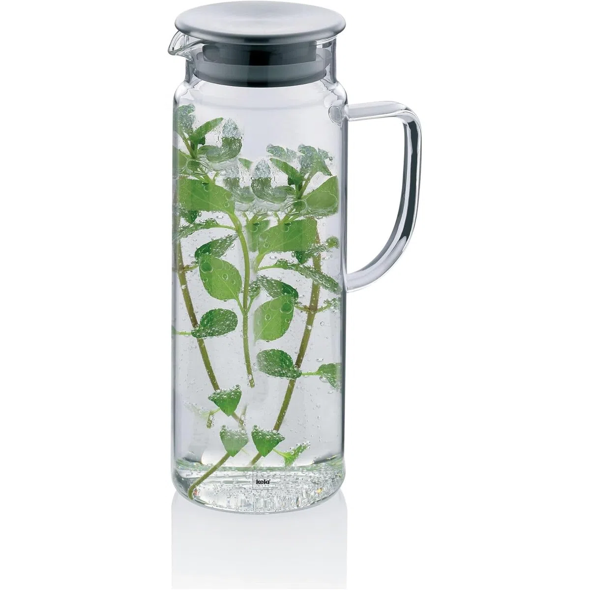 kela Jarra de vidrio de 1 litro con tapa de acero inoxidable PITCHER, jarra de agua, jarra de agua con tapa para bebidas frías y calientes