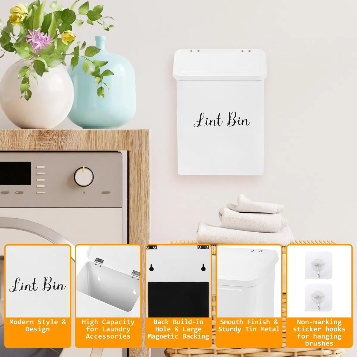 Contenedor Magnético para Pelusa para Lavandería, Soporte de Pared para Ahorrar Espacio Cubo de Basura de Metal con Tapa para Secadora para Decoración de Lavandería