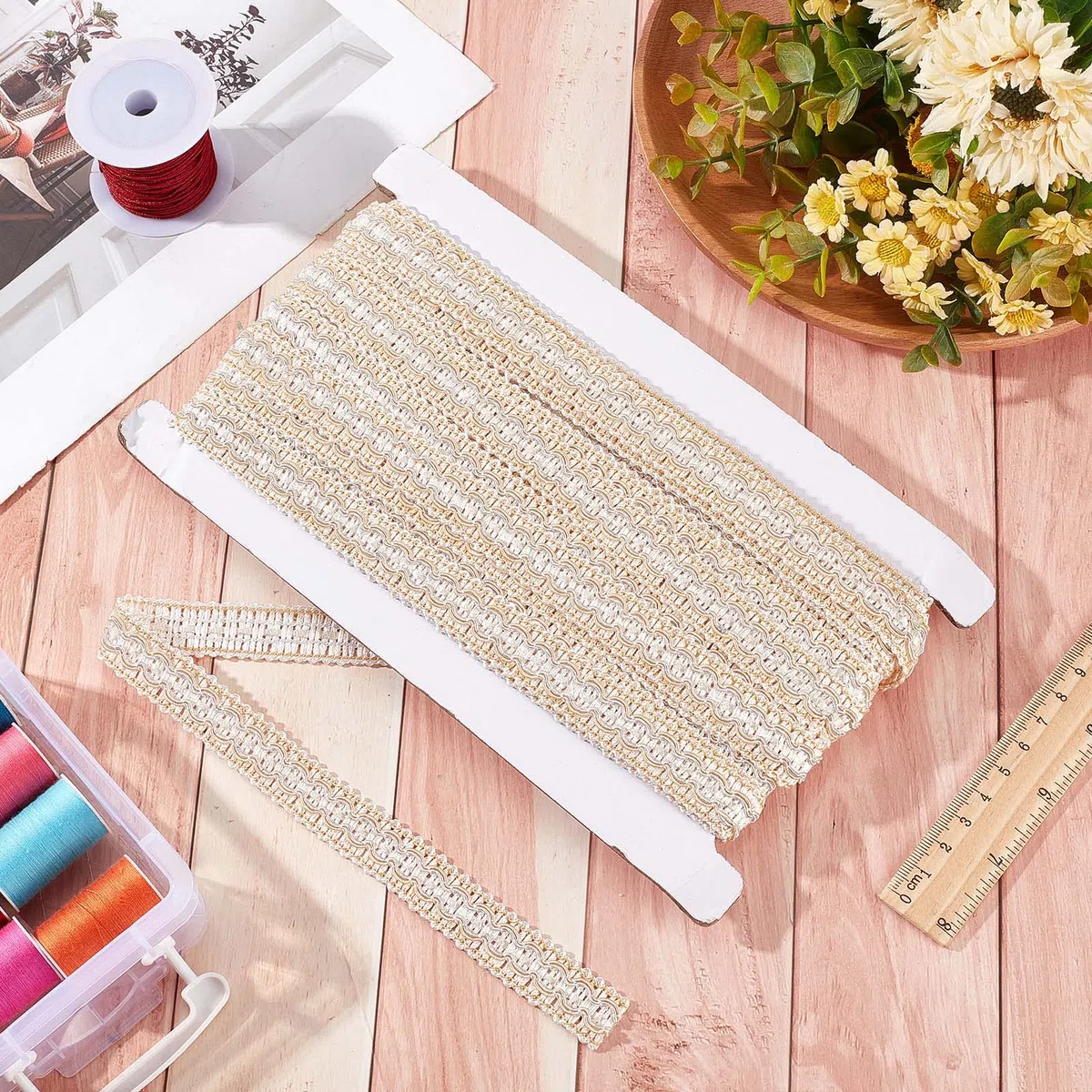 GORGECRAFT Trigo Gimp Trenza Trim 15.3 Yarda Tela de Poliéster Cinta de Costura Tejida Ribete Básico Flecos Tapicería Adornos para Cortina Slipcover DIY Artesanía Fabricación de Joyas Adornos