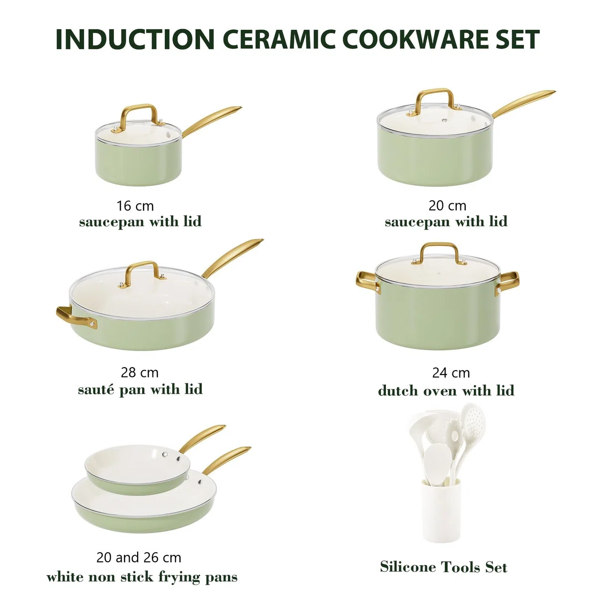 RIOVARM Inducción Juego de ollas y sartenes con Tapas, Cerámica Antiadherente Batería de cocina con juego de espátulas, Juego Esencial de Cocina para Regalos de Cocina, Olla, Sartén, Sin PFOA