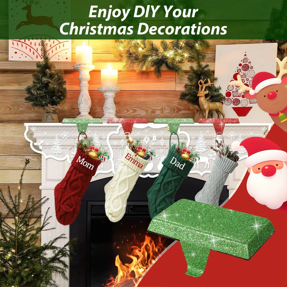 4 soportes de repisa de Navidad, ganchos de metal para chimenea, ganchos de adorno de Navidad para chimenea de 5 x 2.5 x 0.7 pulgadas para decoración de fiestas de Navidad (4 piezas)