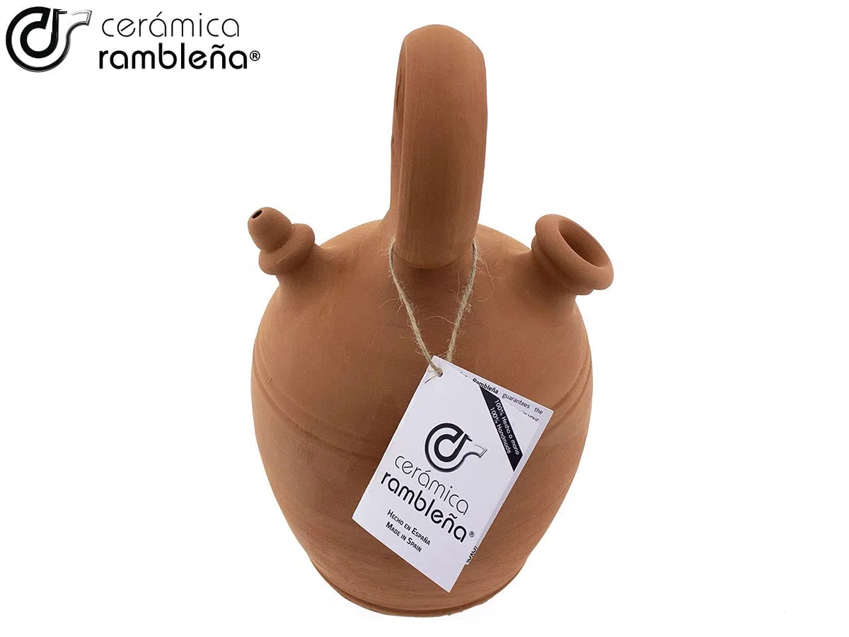 CERÁMICA RAMBLEÑA | Botijo de Barro Rojo Tradicional asa Redonda Base Ancha de La Rambla (Córdoba) | 100% Hecho a Mano | 3 litros | Eco | Plato NO Incluido