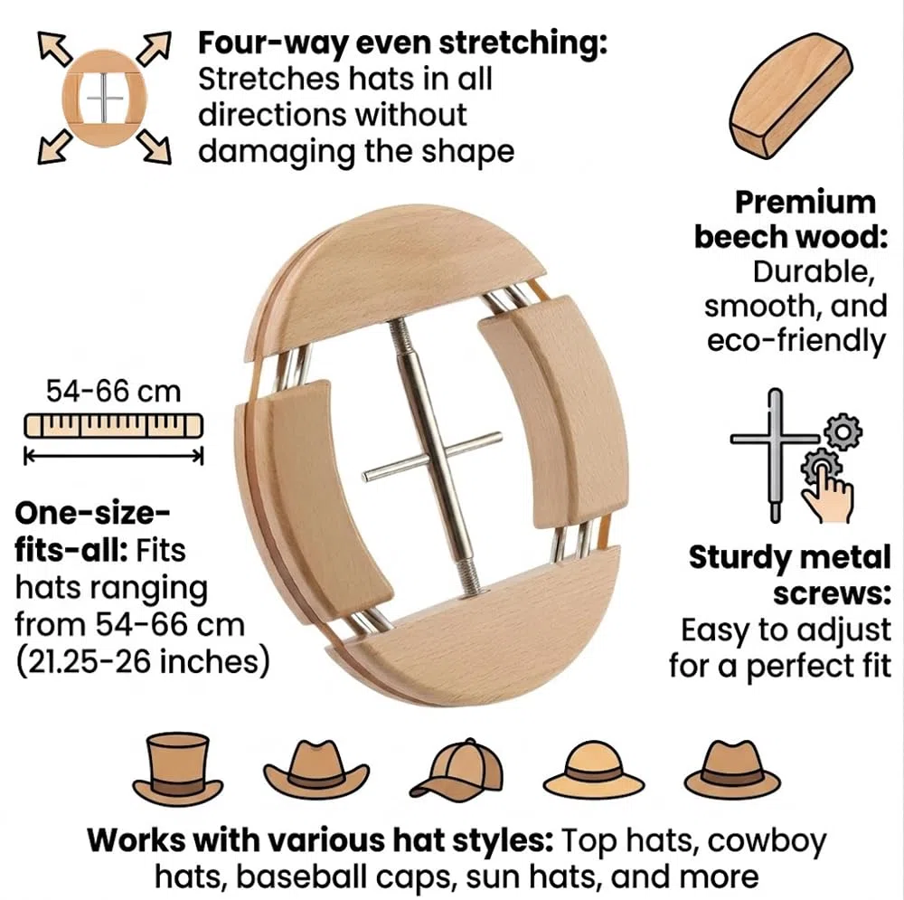 Extensor de Sombrero de Madera de 4 Vías para 54 a 66 cm, Ensanchador de Sombreros, Tensores de Sombreros, Sombrero de Paja, Sombrer0 de Vaquero y Gorras de Béisbol,Evita Deformación Oval