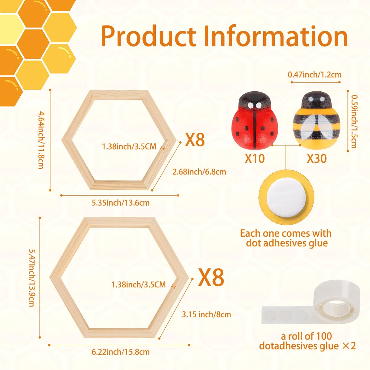Juego de 16 soportes hexagonales de panal para cupcakes, madera de pino resistente con 30 adorables abejas y 10 decoraciones de mariquitas, torre de postre apilable para hornear para fiestas temáticas