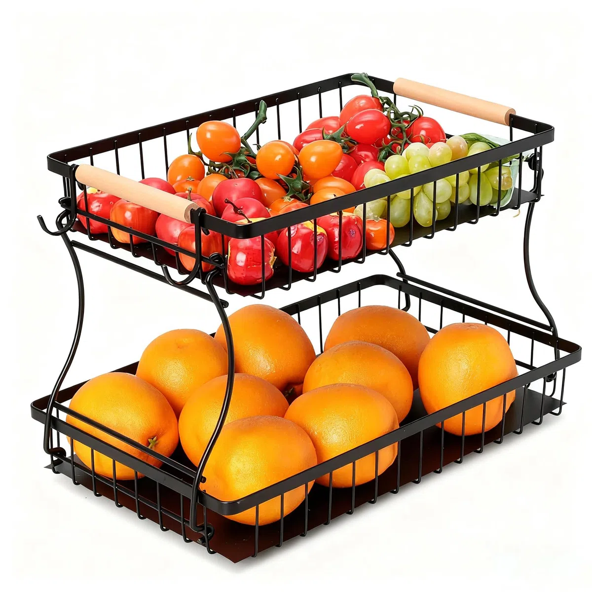 Romon Fruteros de Cocina, Cesta de Frutas de 2 Niveles con 2 Perchas de Plátano, Modernos Estantes Fruits Cuenco Verduras de Malla de Metal para Almacenamiento Mostrador Organizador Soporte, Negro