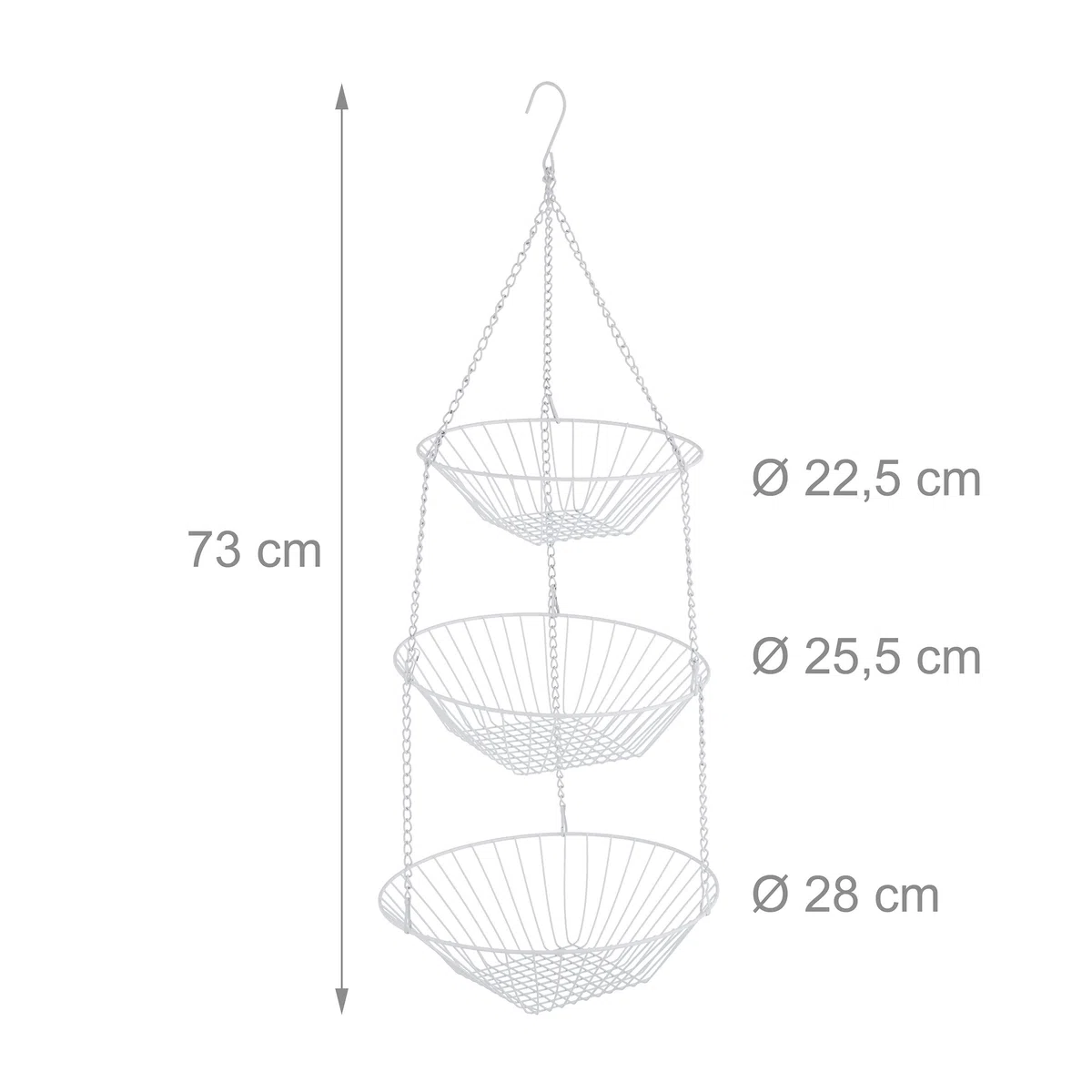 Relaxdays Frutero Colgante, 73x28 cm, 3 Niveles, Acero, Cesta Redonda Fruta y Verdura, Almacenamiento Cocina, Blanco