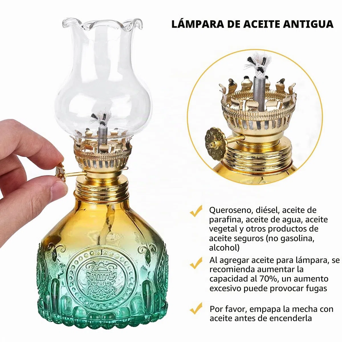 2 lámparas de queroseno de vidrio para interiores, lámparas de aceite de vidrio, lámpara de petróleo vintage, lámpara de aceite de petróleo clásica, con llama ajustable, para sala de estar, comedor