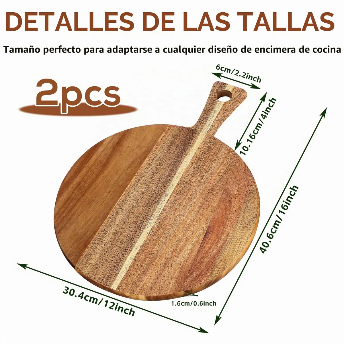 Juego de 2 platos de pizza de madera, tabla redonda de 30 cm con asa, tabla de cortar para pizza, pan, queso, charcuteria, tartas flameadas y pasteles