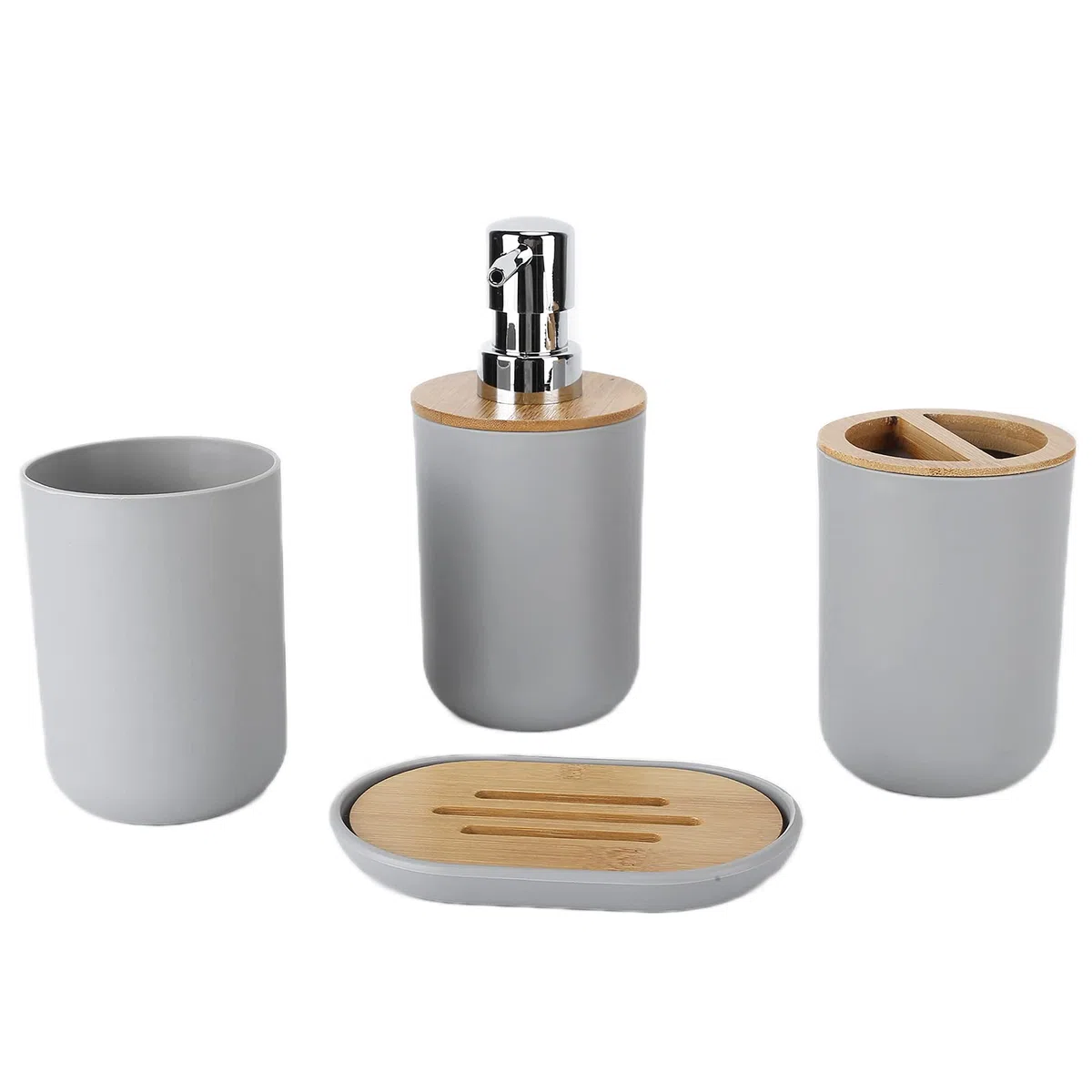 Juego de Accesorios de baño de 4 Piezas Incluye dispensador de jabón, Soporte para Cepillo de Dientes, Taza para Cepillo de Dientes, jabonera Accesorios baño jabón y Vaso (Gris)