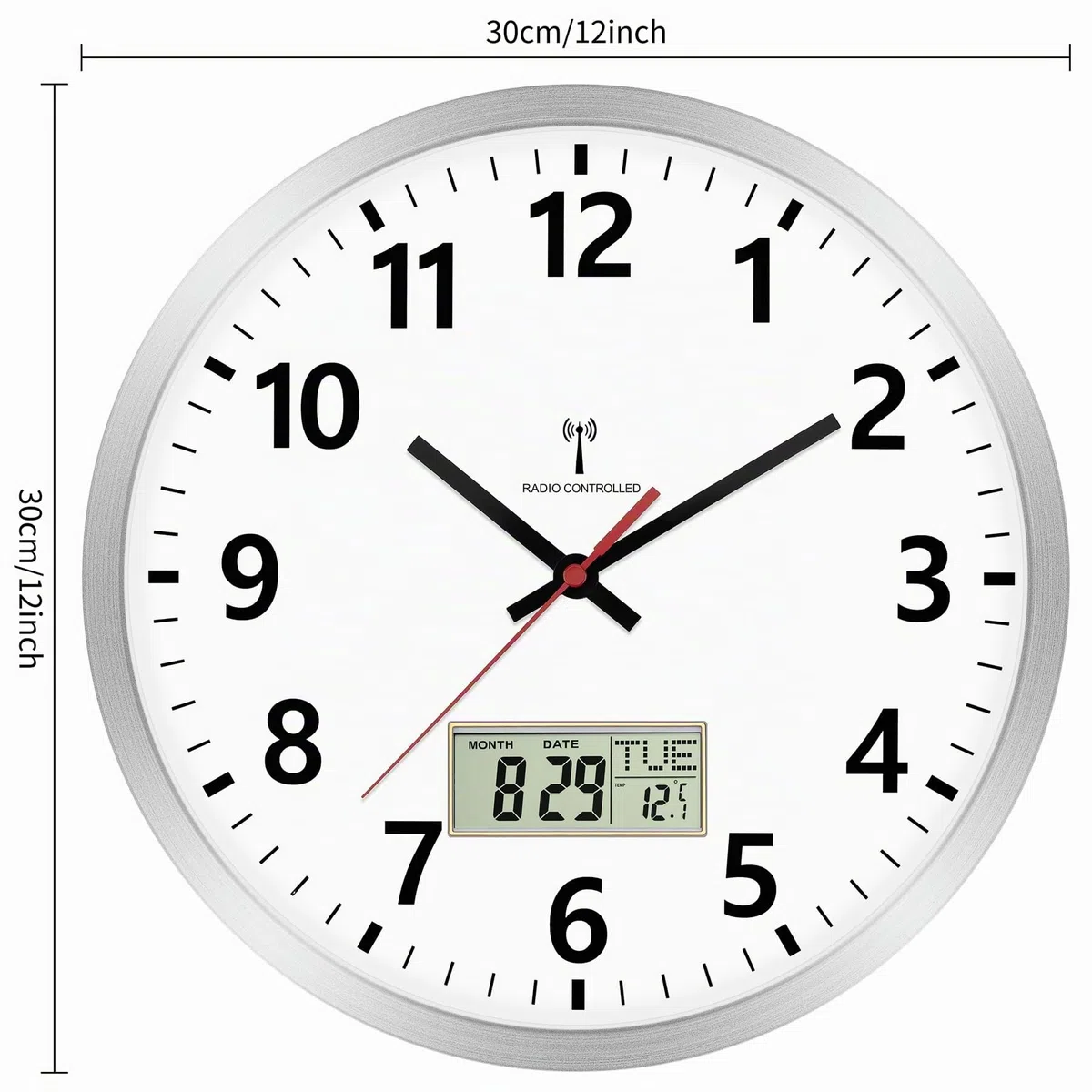 Foxtop Reloj de Pared Digital Radiocontrolado 30 cm Reloj de Cocina con Termómetro y Calendario Segundero Rojo de Fácil Lectura para Cocina, Salón u Oficina