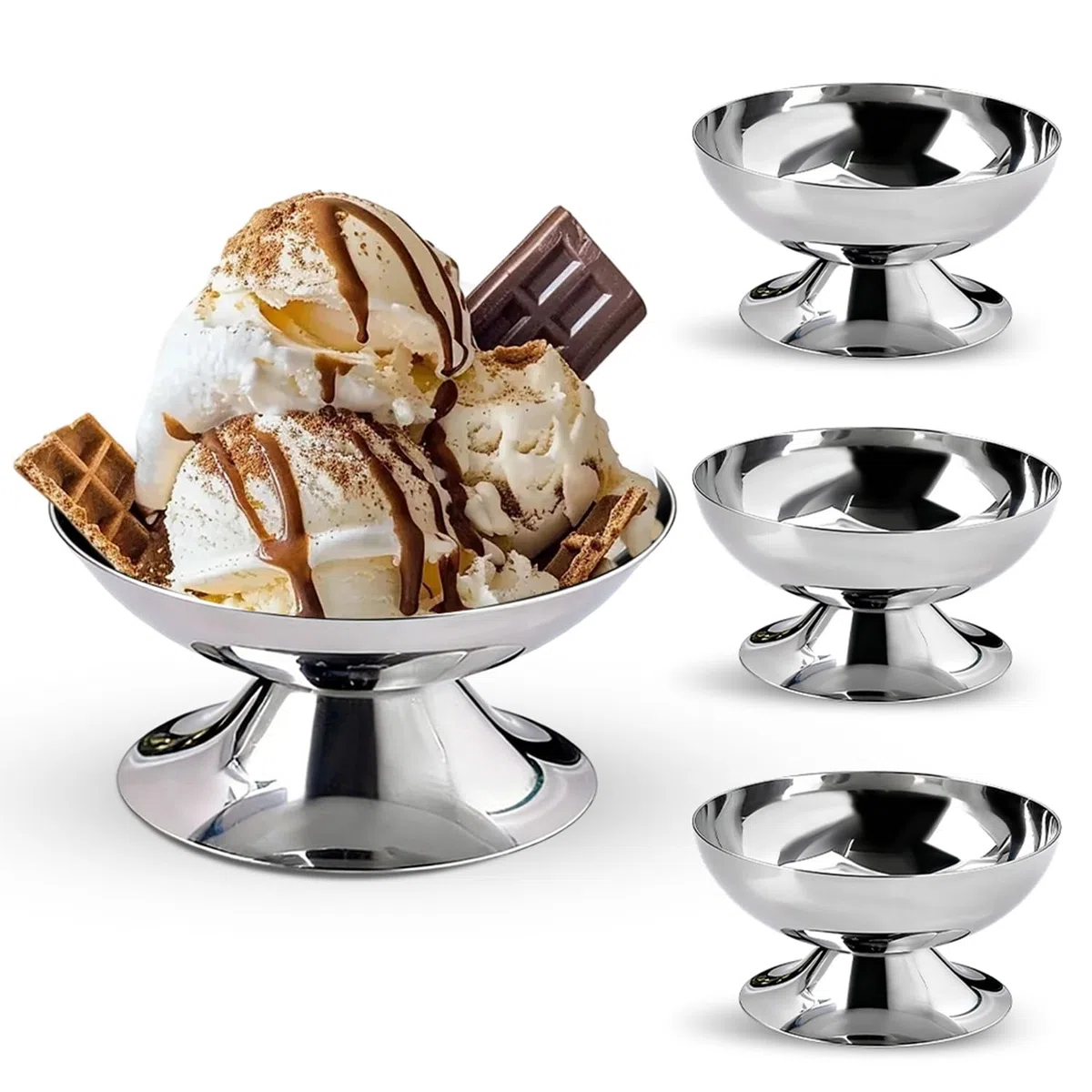 4 vasos para helados de acero inoxidable de 200 ml, cuencos de postre con pie (10 cm de diámetro) para helados, yogur, ensalada de frutas y pudines, elegantes cuencos Sundae, ideales para bodas