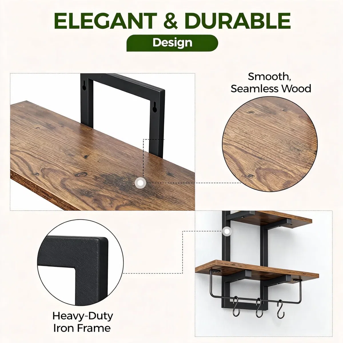TRAYINDALY Estanteria Pared Madera de 2 Niveles, Baldas Flotantes Pared con Barra para Toallas y 3 Ganchos, Repisas de Pared Ideal para Dormitorio, Baño, Sala, Cocina, Oficina