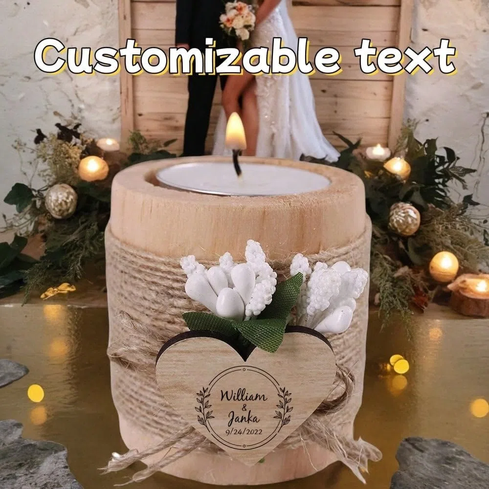Favoritos de boda personalizados con velas, regalos de boda para invitados en paquete, portavelas de madera para tealight, boda rústica (50 piezas)
