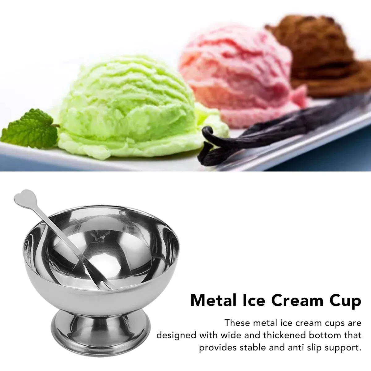 Cuenco para Helado ,Vaso de Metal para Helado ,Fondo Estable ,Alisador ,Acero Inoxidable ,Ahorro de Espacio ,4 Piezas para la Familia
