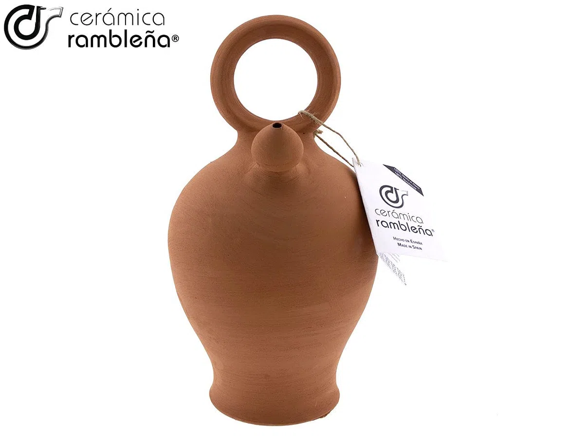 CERÁMICA RAMBLEÑA | Botijo de Barro Rojo Tradicional asa Redonda Base Vuelta de La Rambla (Córdoba) | 100% Hecho a Mano | 2.75 litros | Eco | Plato NO Incluido
