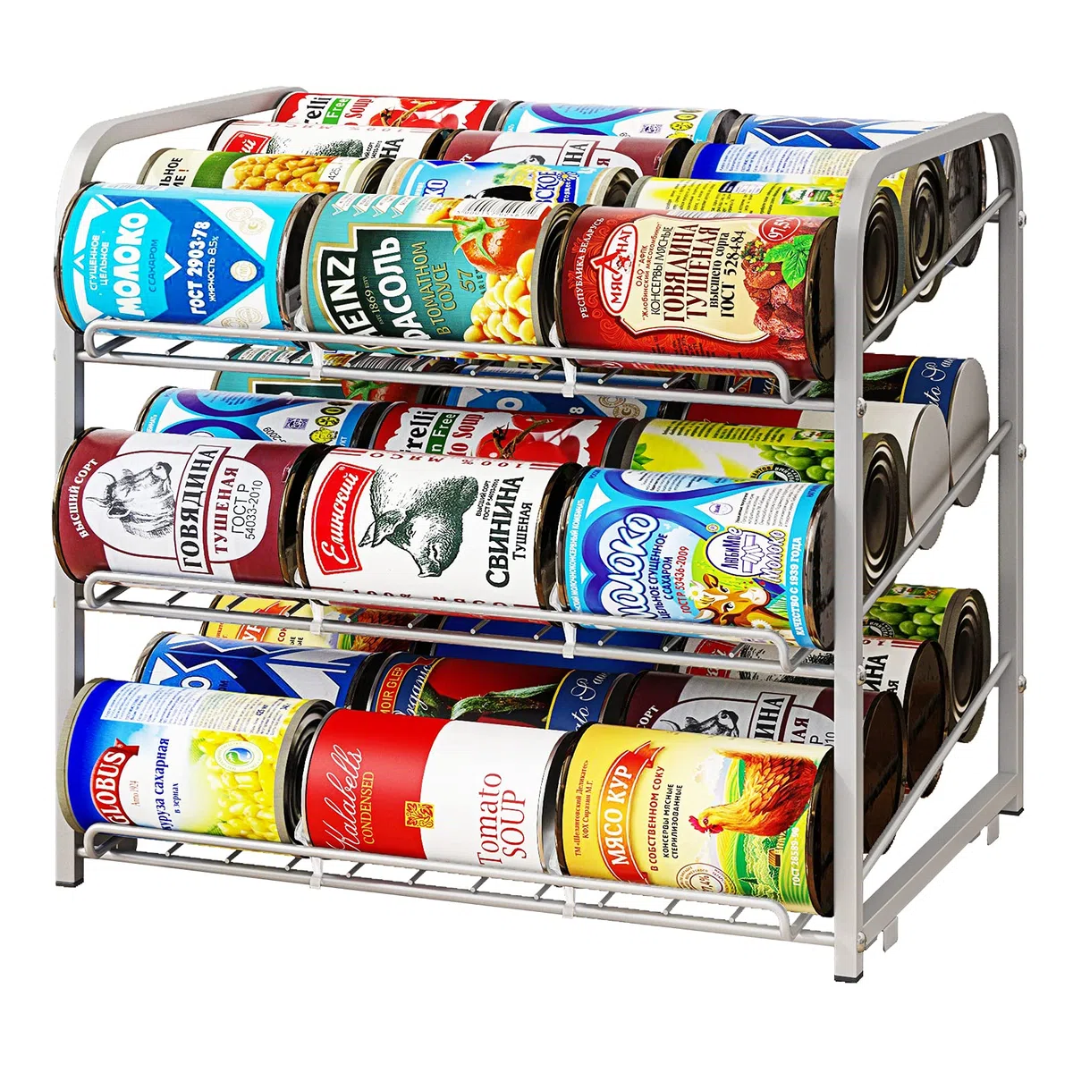 Organizador de Latas Apilable de 3 Niveles - Dispensador de Almacenamiento Para 36 Latas - Para Alimentos, Armarios de Cocina o Despensa - Color Plateado