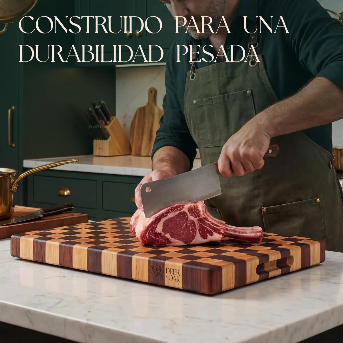 Deer & Oak Tabla de cortar de madera de acacia de veta final con patrón de tablero de ajedrez - 45 x 31 x 3.5 cm, bloque de carnicero preaceitado certificado FSC con asas laterales, se dobla como
