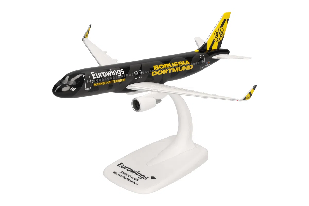 Herpa Miniatura del avión Eurowings Airbus A320 BVB Mannschaftsairbus (2025) - Snap-Fit, Escala 1/200, Modelo prefabricado, maqueta de colección, modelismo, avión con Soporte, Figura plástico