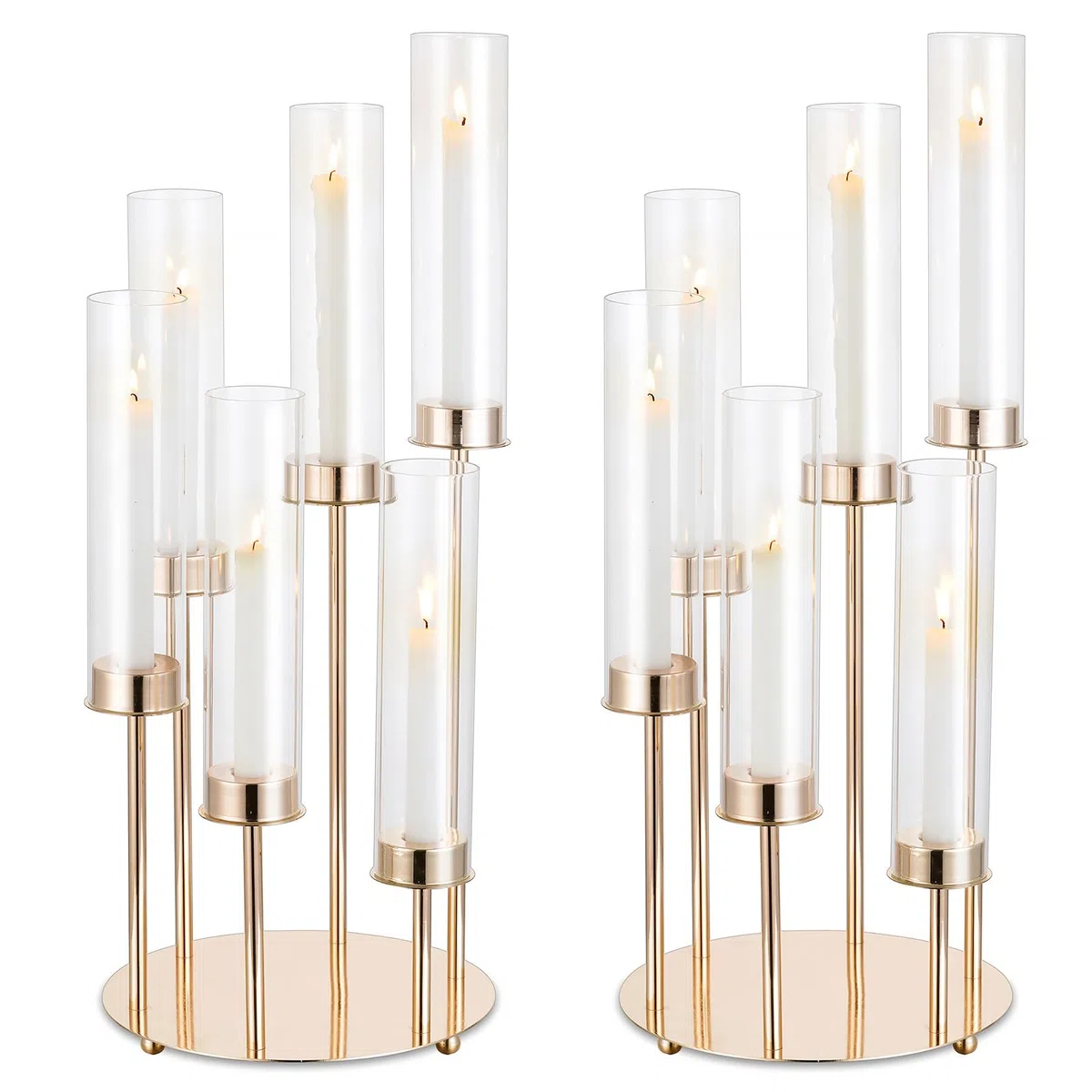 NUPTIO Oro Candelabro Titulares Huracán - 60cm Claro 2 Piezas Cilindro Vidrio de 6 Brazos Candelabro de Metal Vela Palo de La Chimenea Cubierta Al Aire Libre La Boda Centros de Mesa Mesas Decoración