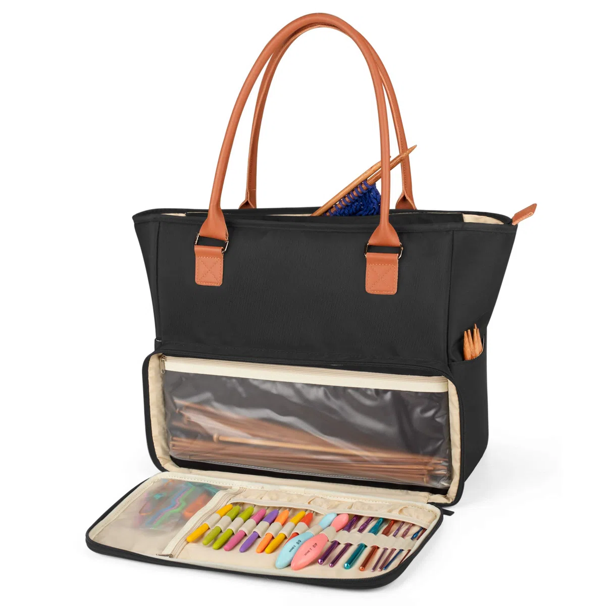 Yarwo Bolsa de mano para tejer, Bolsa de Almacenamiento para Agujas de Tejer (Hasta 35.5cm), Ganchillos, Labores de Tejidos, Ovillos y Otros Accesorios de Tejer, Negro.