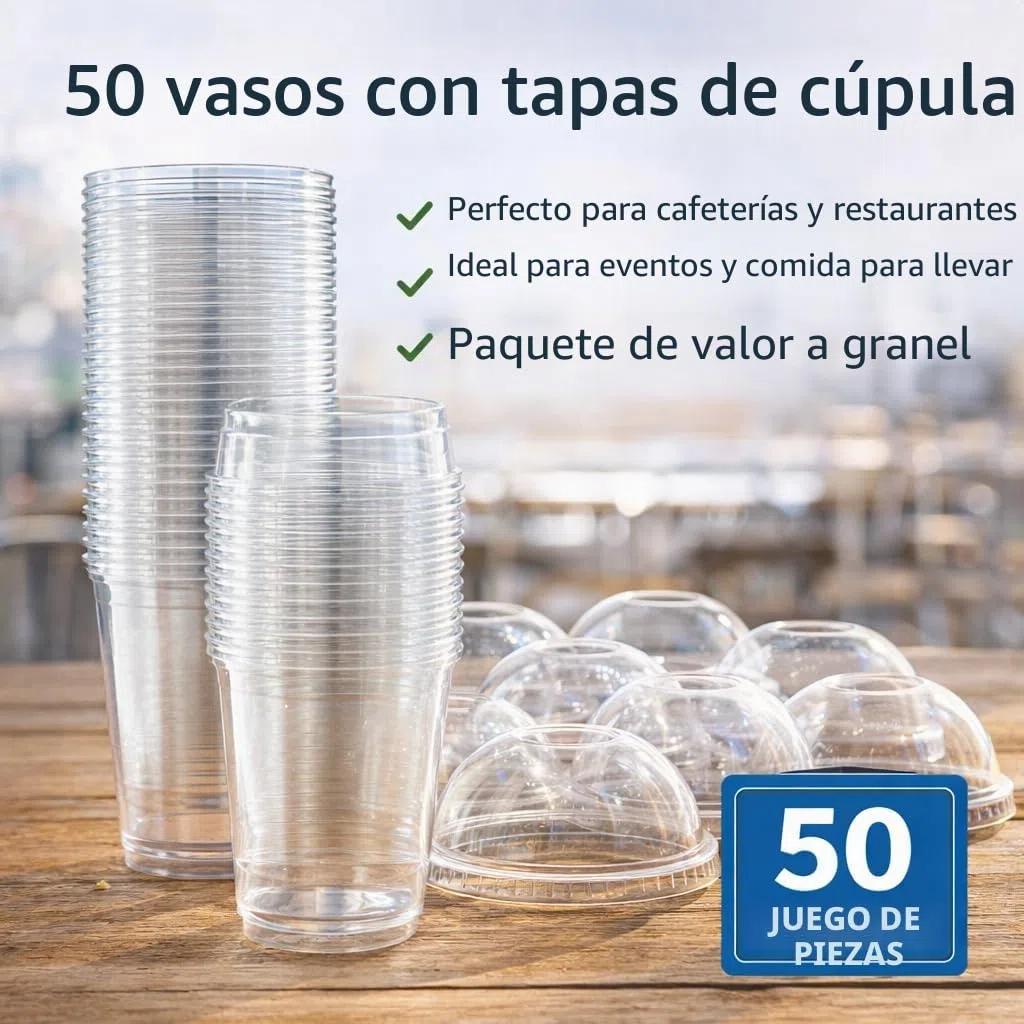 Sabco,50 vasos de plástico de 12 onzas con tapas- Taza transparente ideal para batidos de frappe, jugo de batido, taza Boba y pajita, bebida granizado, perfecto para llevar y restaurantes.