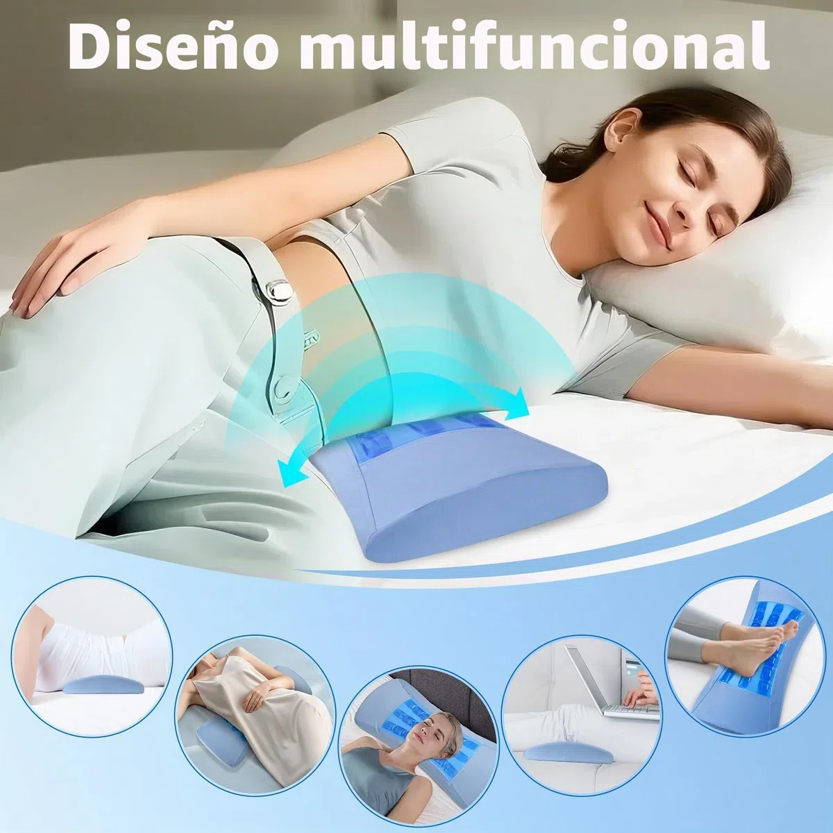 Almohada lumbar Dormir Ergonómicas, Espuma de Memoria Cojín Lumbar Cama, Almohada Lumbar para Cama, Silla de Oficina, Asiento de Coche y Sofá —con Gel de Enfriamiento y Cubierta Respirable (azul)