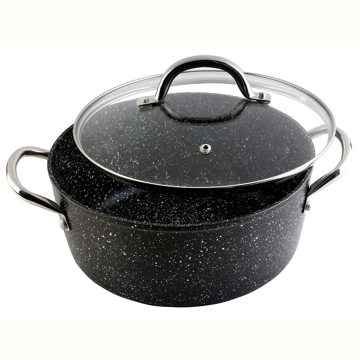 WECOOK! Granite Cazuela Alta Inducción Completa 28cm Tapa Vidrio, Aluminio Forjado 6,7 Litros, Antiadherente Ecológico Piedra sin PFOA, Asas Acero, Apta Todas Cocinas, Vitrocerámica, Gas, Horno