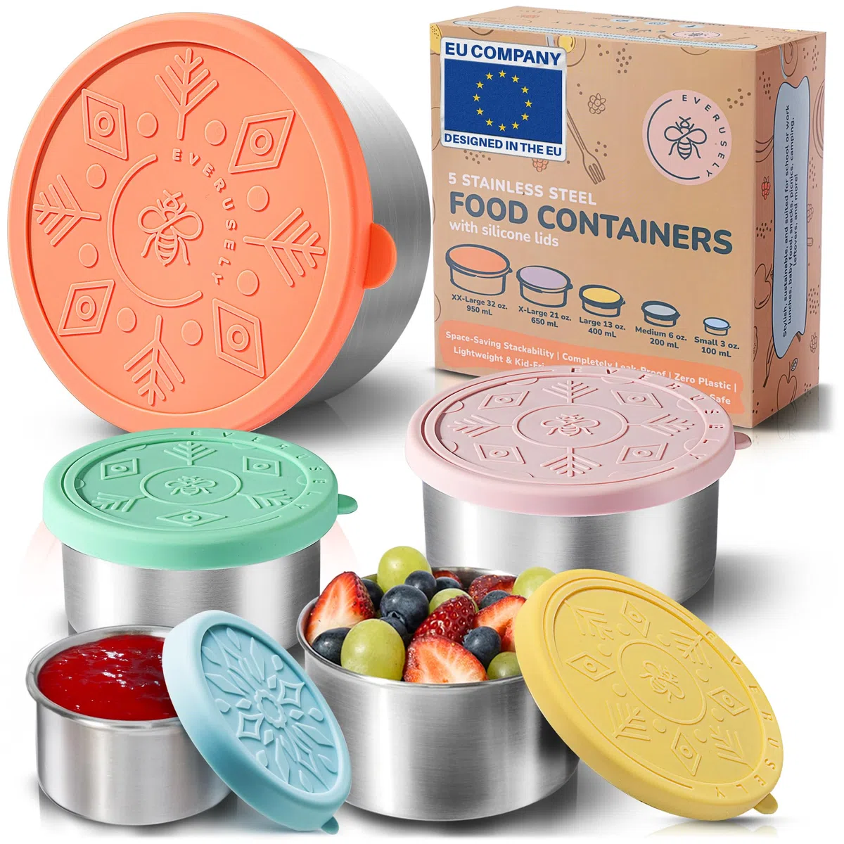 Everusely - Fiambrera de acero inoxidable con tapa hermética - Juego de 5, colección Bright - Fiambrera hermética - Recipientes apilables para la preparación de comidas