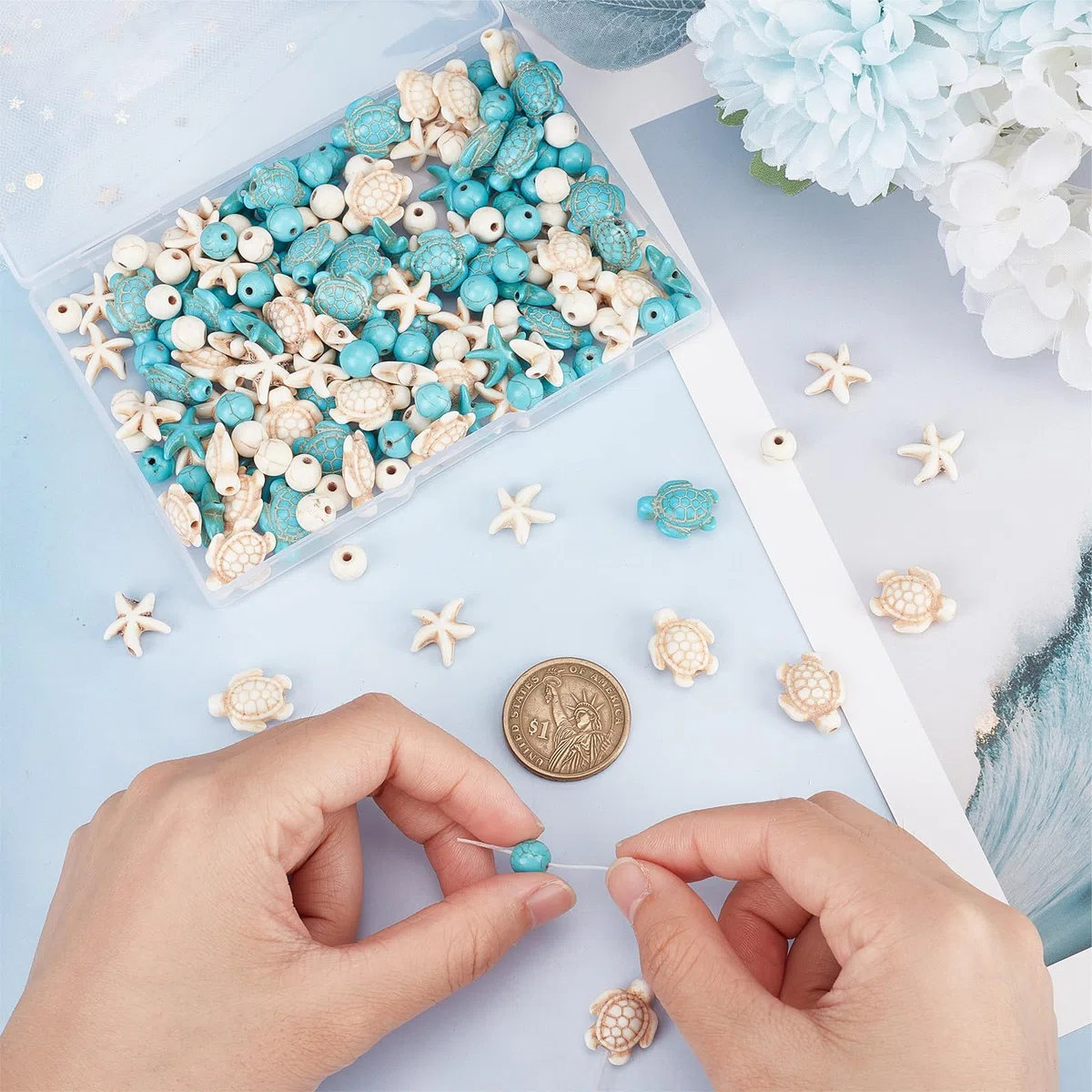 SUNNYCLUE 6 hebra 180~200 piezas Tortuga Cuenta Tortugas Encantos Estrella de Mar Blanco Azul Turquesa Sintética A Granel 8 mm Cuentas Redondas Verano Océano Mar Animal Cuentas para Bisutería