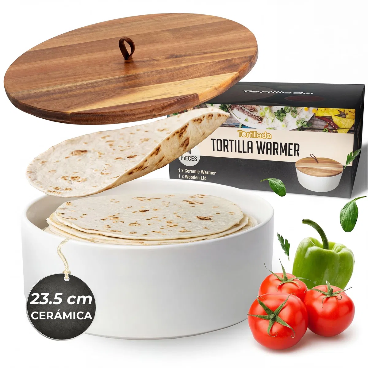 Tortillada - Calentador de tortillas de cerámica con tapa 23,5 cm, calentador de pan, calentador de panqueques, portatortillas con tapa - Apto para microondas