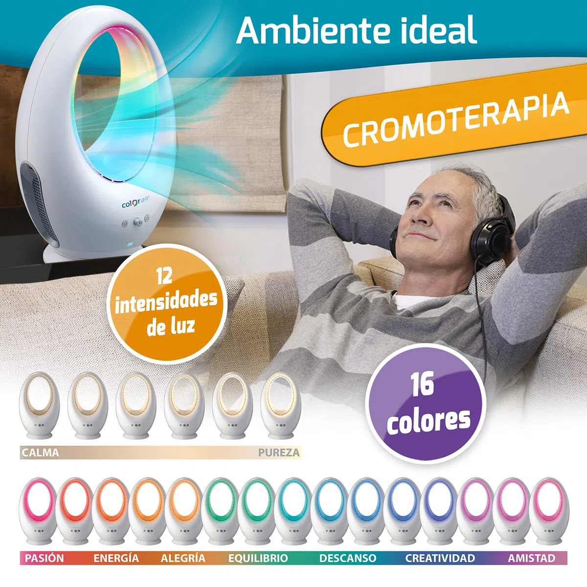 GALERIA DEL COLECCIONISTA Ventilador SIN ASPAS COLOR AIR: SEGURO, POTENTE. Flujo continuo, Sistema de purificación, Aromaterapia y Cromoterapia. Con Mando y Temporizador para Apagado automático