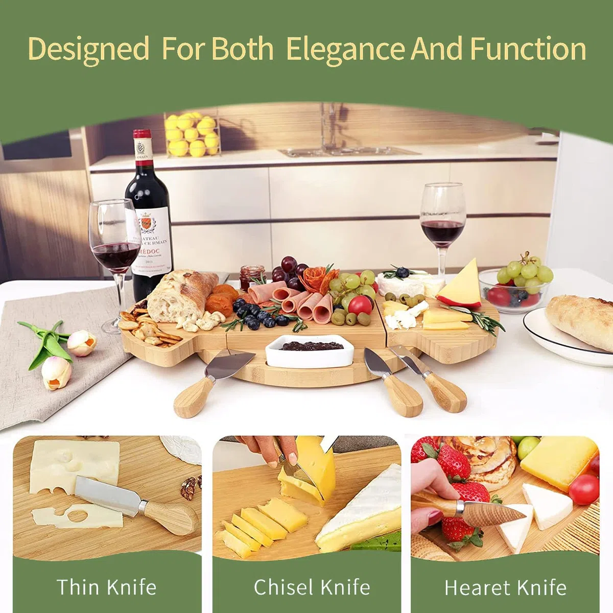 Louis Donné Tabla de queso con herramientas de queso, plato de queso, juego de placas de charcutería, servidor de madera grande grueso, regalo de calor para los amantes de la comida