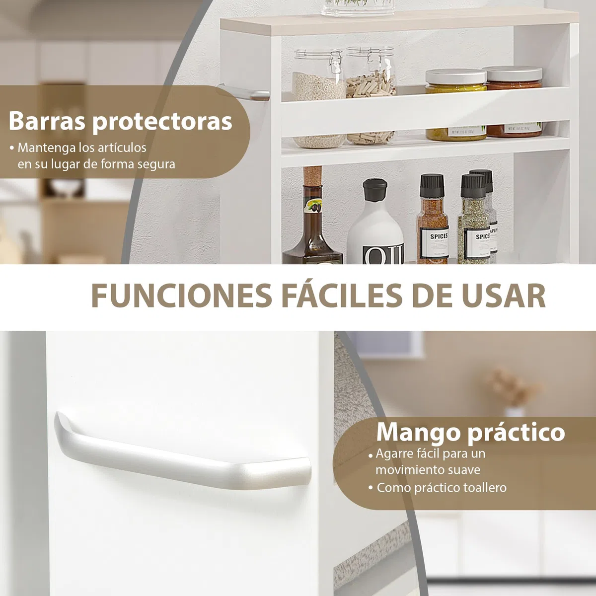 kleankin Carrito Auxiliar con Ruedas Delgado de 3 Niveles, Carrito de Cocina Estrecho con 3 Estantes, Tablero y Asa, para Comedor, Salón, Baño, 48x15x80 cm, Blanco
