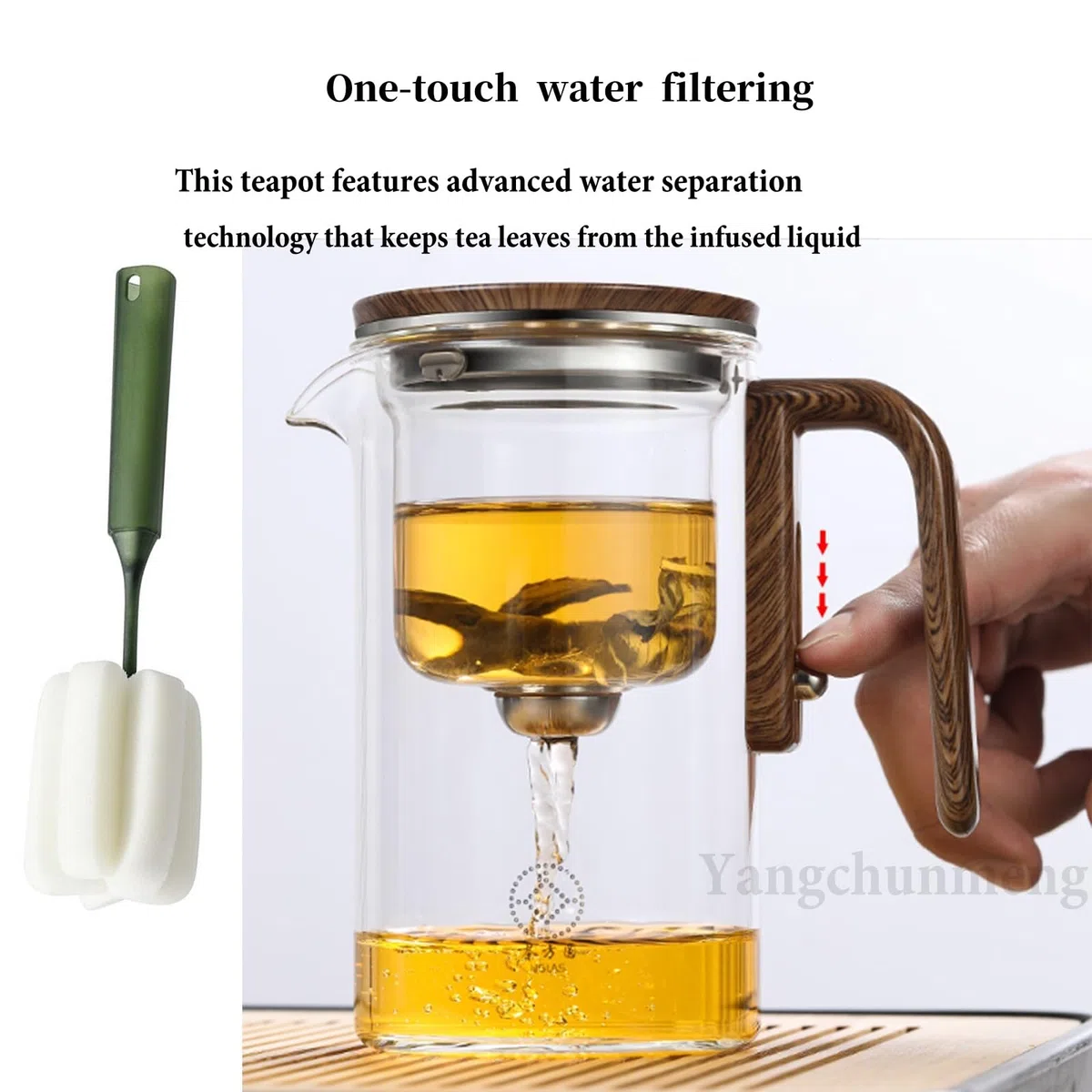 Enchantipot Magic Tea Pote Enchanti Tea Pot, Vaso de Separación de Agua con Mano de Madera, Teapot de Control por Presión para Té Libre, Tejedura de Sazón (520 Transparente)
