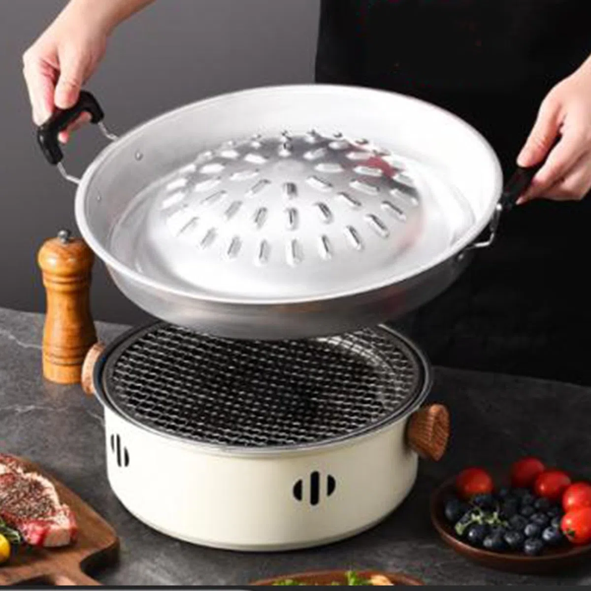 Sartén para Parrilla Tailandesa para Barbacoa, Thai Steak Grill, Sartén para Carbón, Sartén para Parrilla de Aluminio, Olla Caliente para Reuniones de Picnic al Aire Libre (15 x 10.6in)